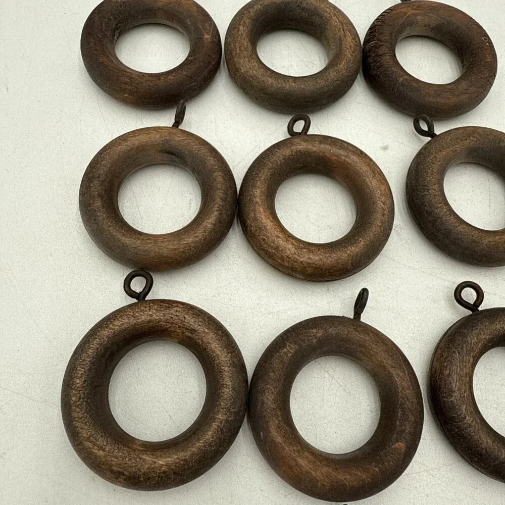 Solid Wood Curtain Rings Lot 10 Brown Drapery Rod Hooks 1
